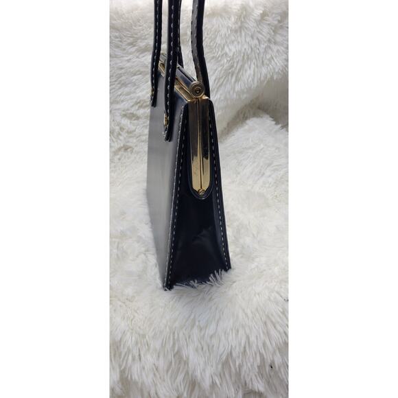 Vintage 1960's Dark Navy Gold Accent Leather Womens Lined Snap Closure Handbag - Picture 2 of 11